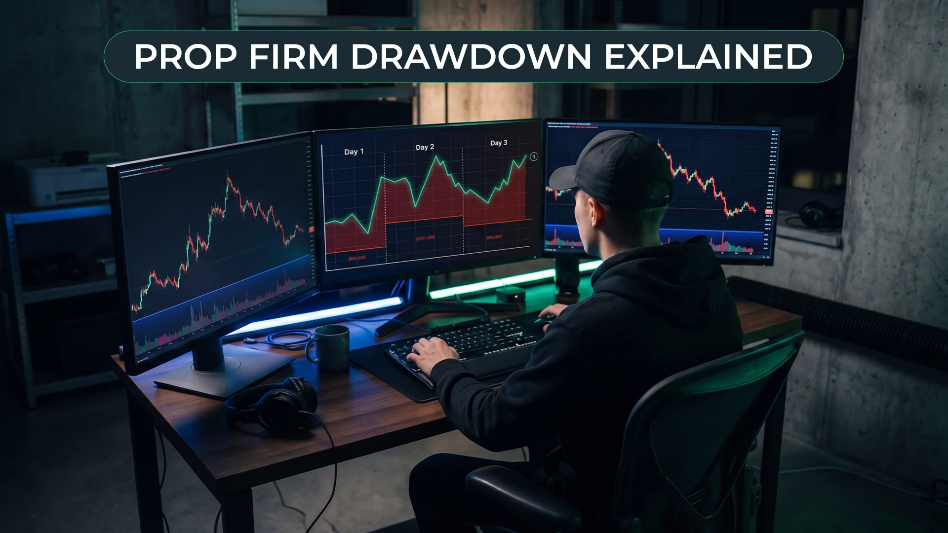 Trader at a multi-monitor setup studying a chart showing a trailing drawdown limit across three days.