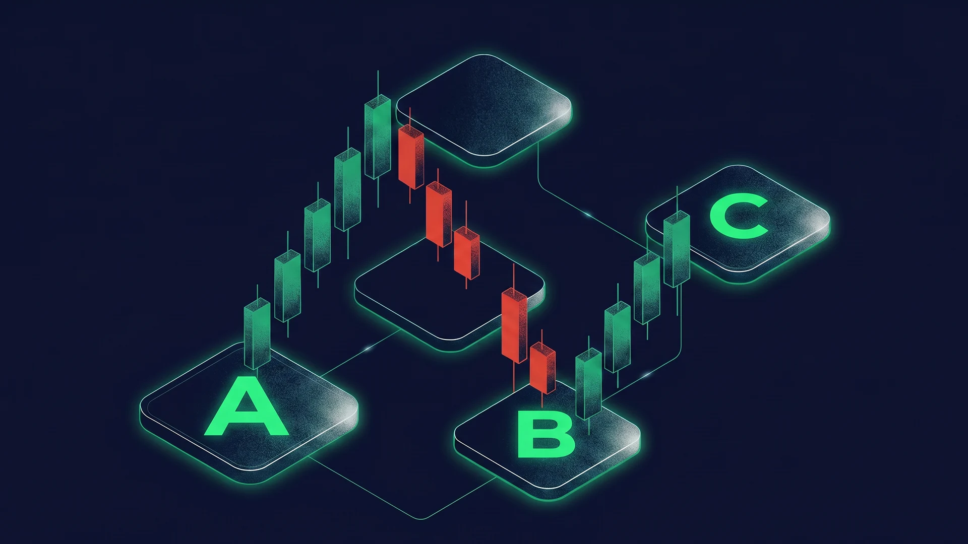 ABC pattern illustration showing three labeled price points across a candlestick chart