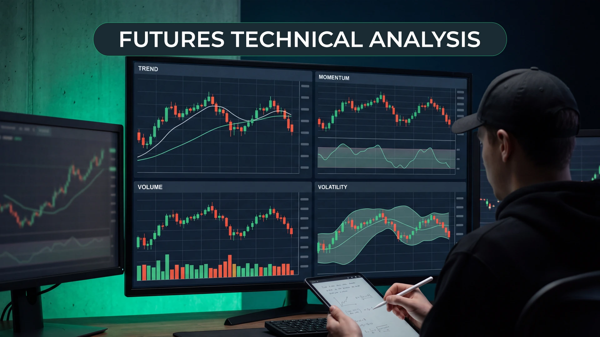 Futures technical analysis banner showing a trader studying trend, momentum, volume, and volatility charts across multiple monitors.