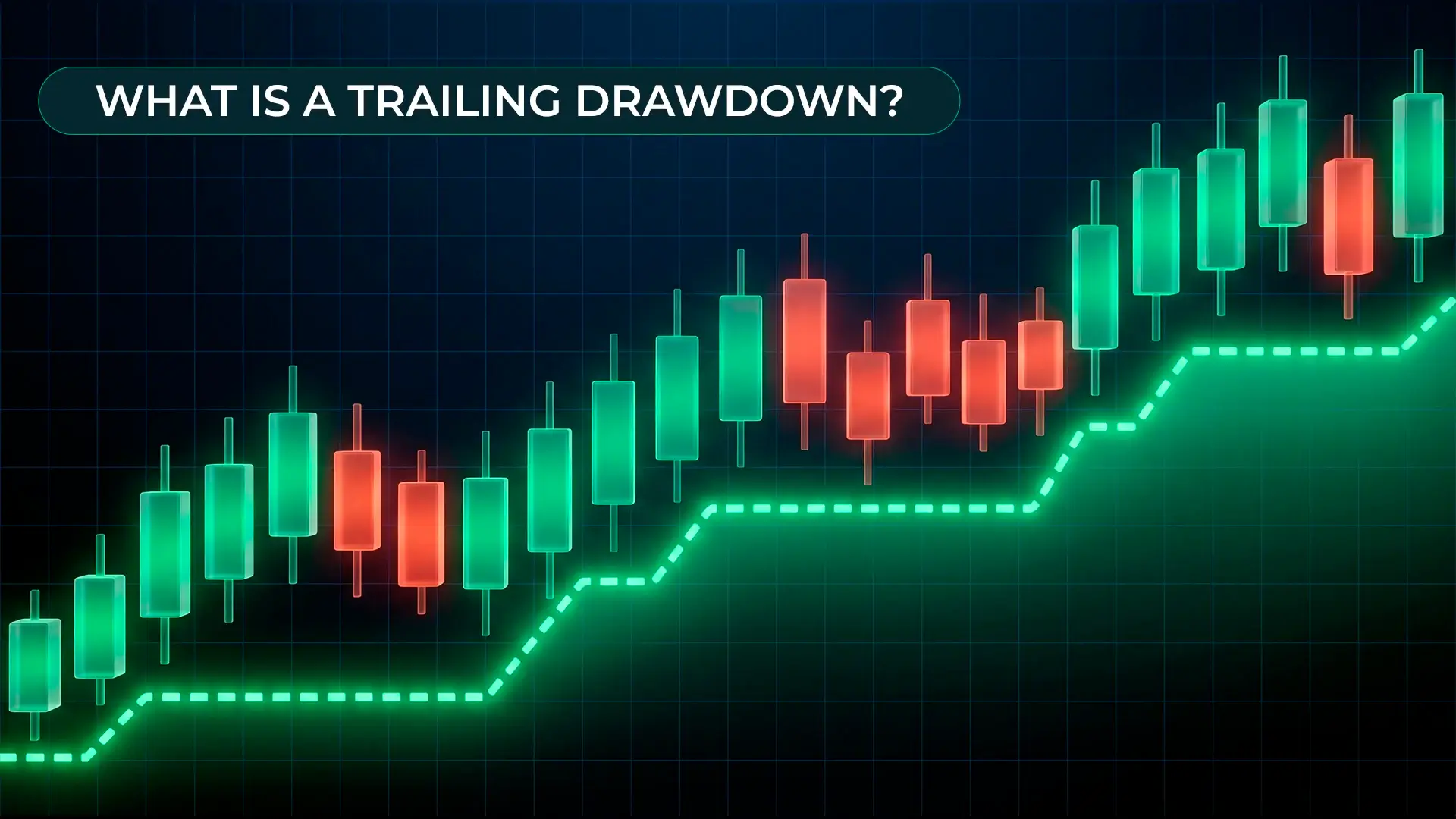 A trading chart with green and red candlesticks showing a rising trailing drawdown line and text reading "What is a trailing drawdown?".