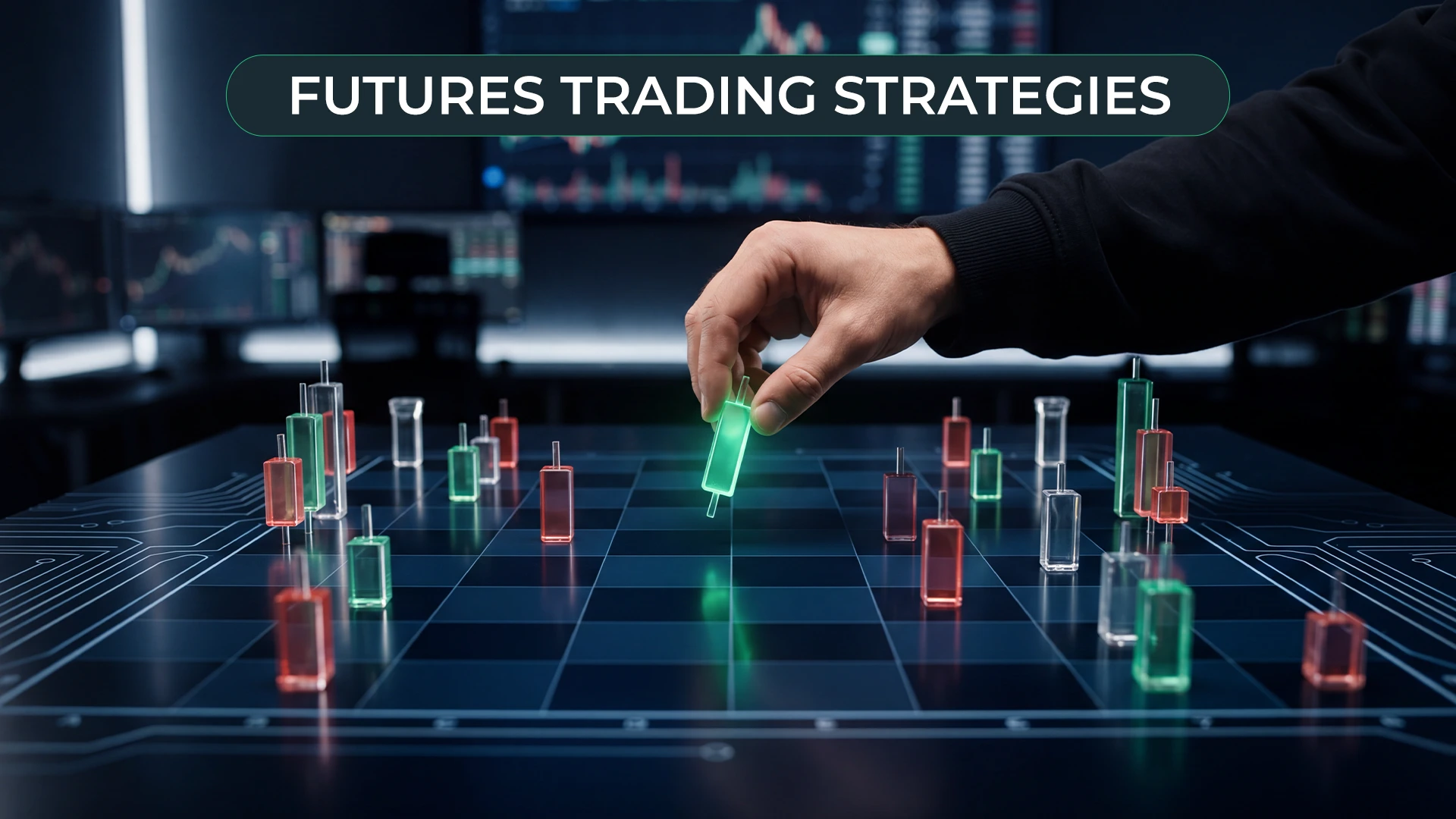 Futures trading strategies banner showing a hand placing a glowing green candlestick on a chess-like grid of red and green candles.