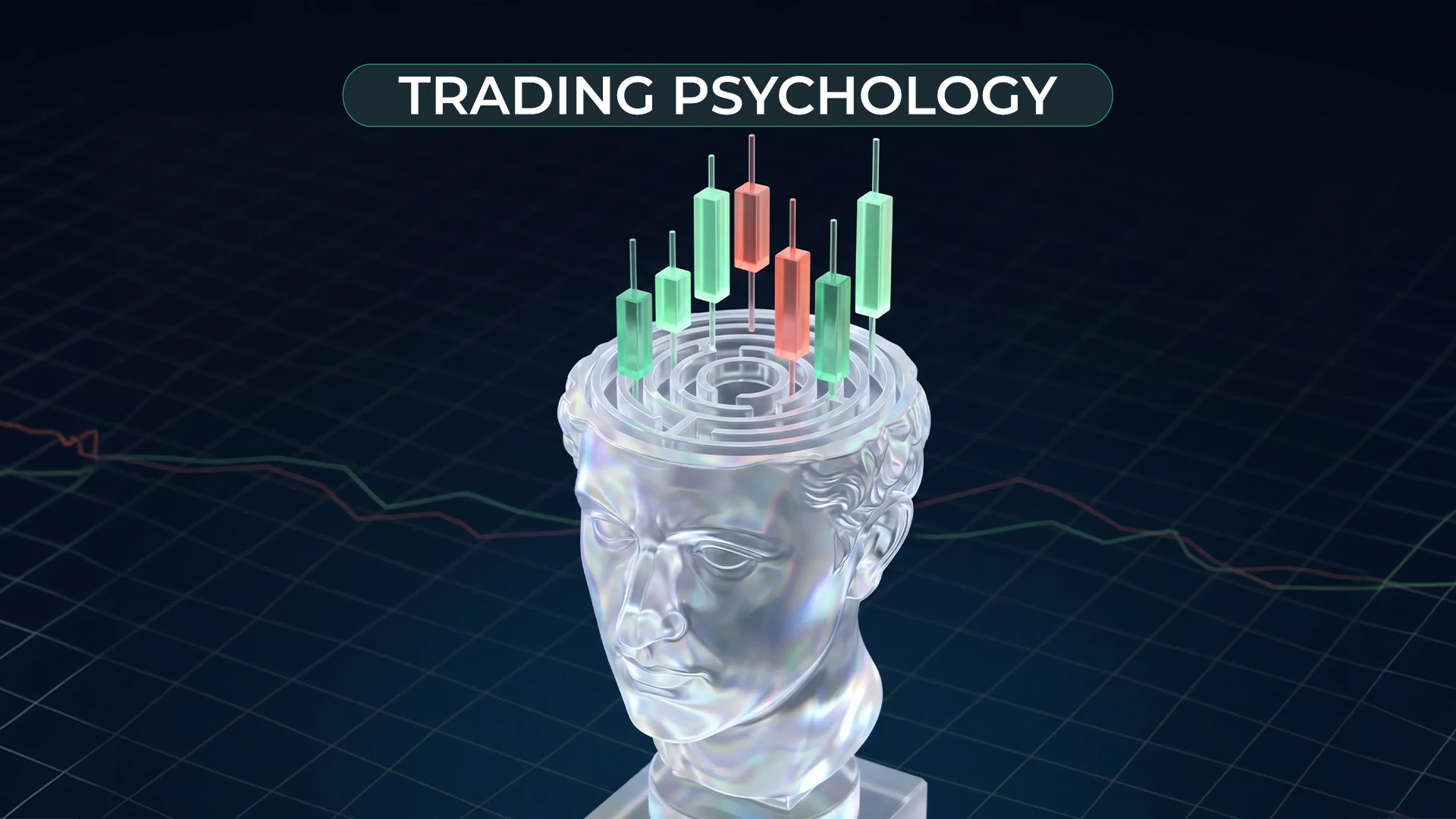 Trading psychology concept showing candlestick charts rising from a maze inside a classical statue's head.