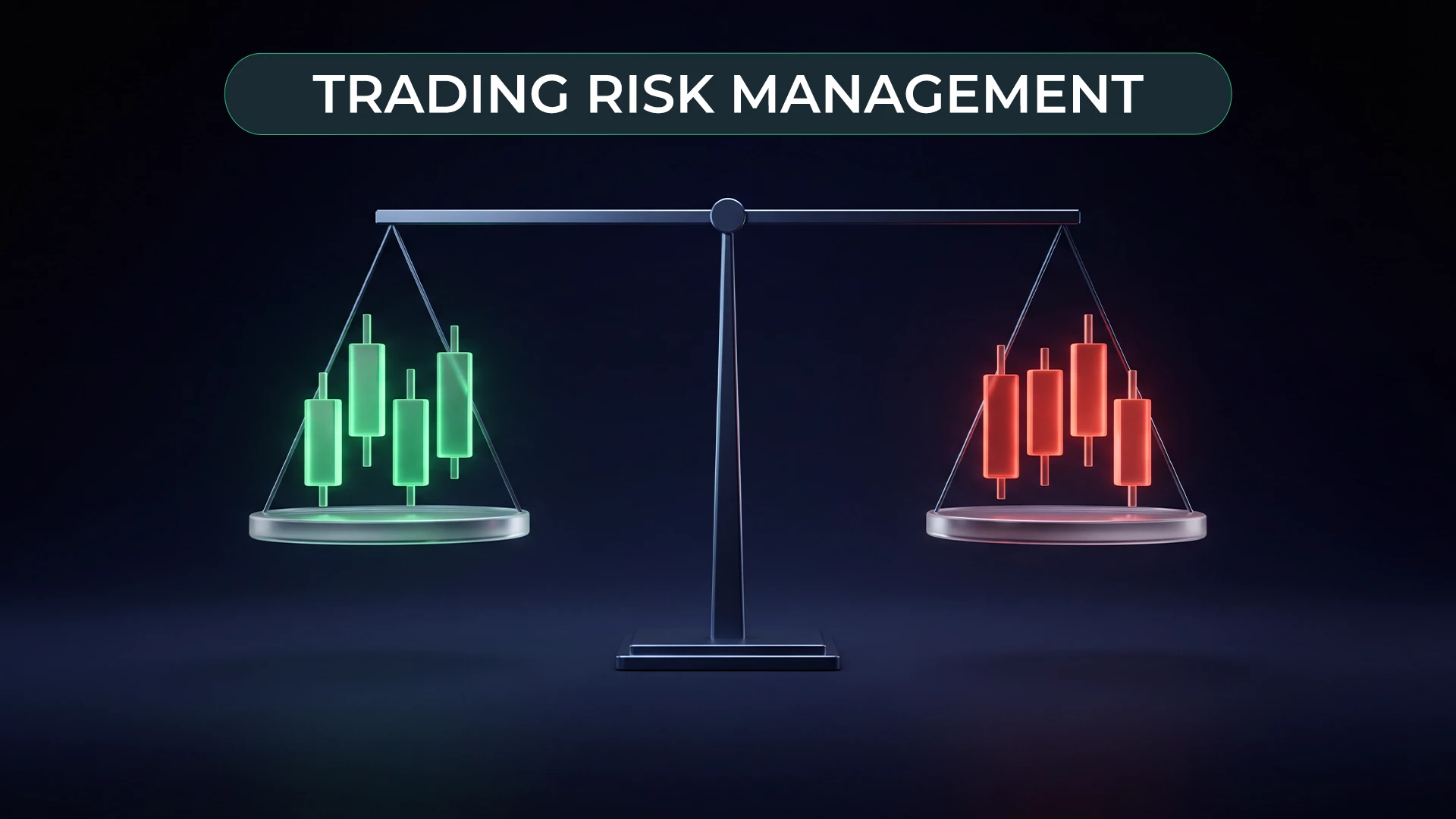Balance scale weighing green versus red candlesticks, symbolizing trading risk management.