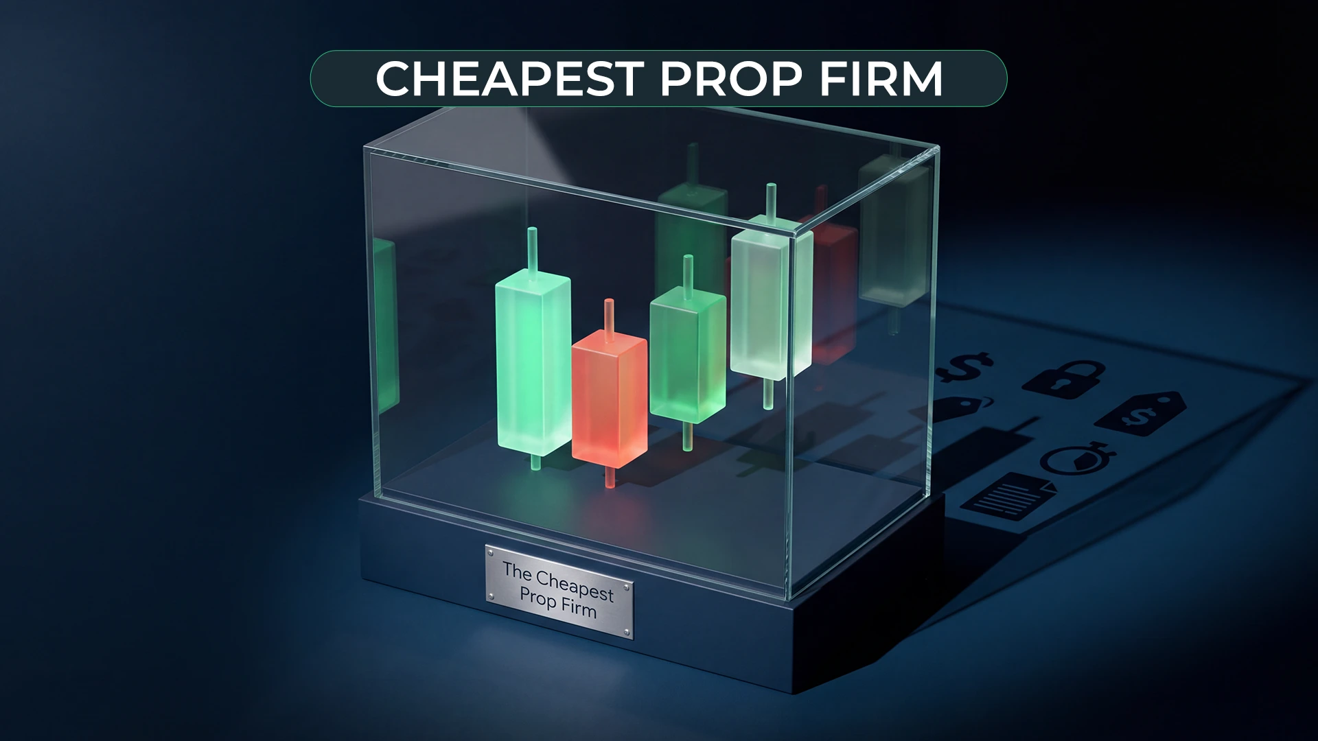 Candlestick chart enclosed in a glass display case labeled "The Cheapest Prop Firm."