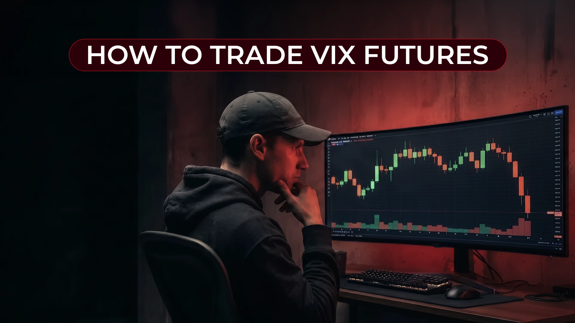 Trader analyzing a candlestick chart on a curved monitor